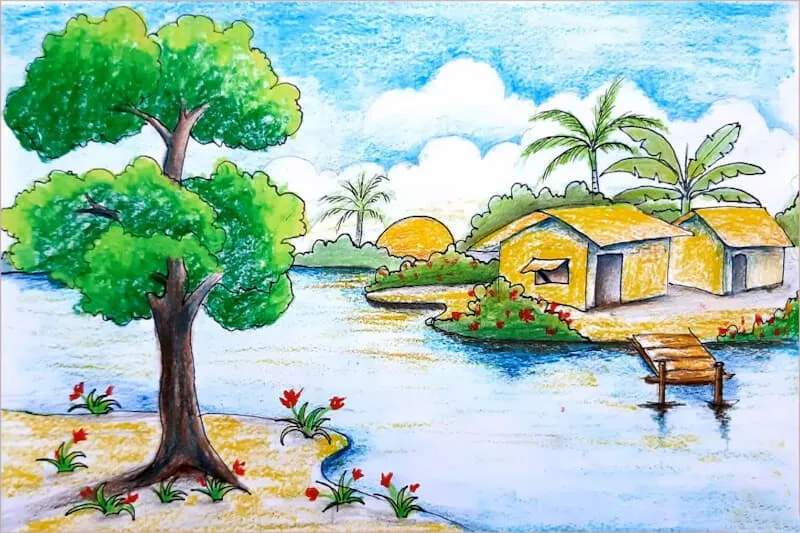 alt: Bức tranh phong cảnh với con sông uốn lượn