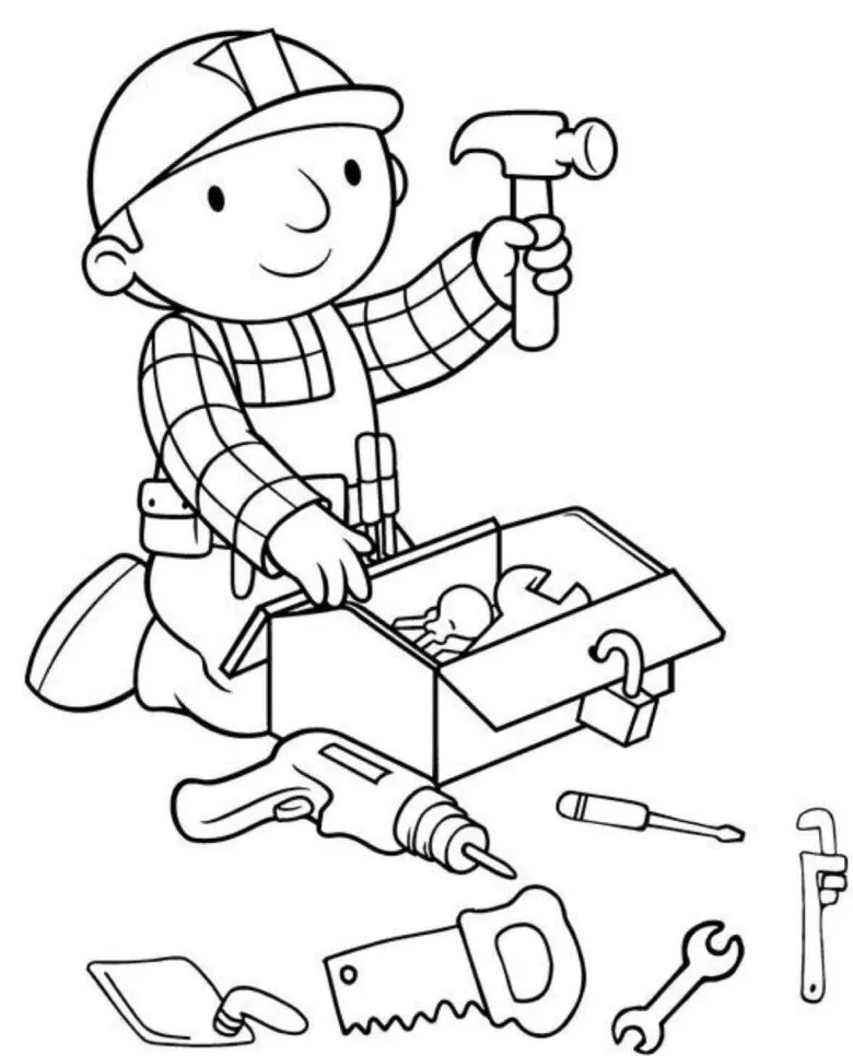 Tranh tô màu hình ảnh công nhân xây dựng cầm bay, thể hiện ngành nghề xây dựng