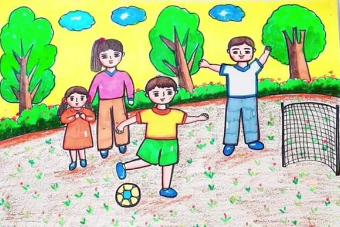 Tranh vẽ gia đình yêu thương đang cùng nhau vui chơi ngoài công viên
