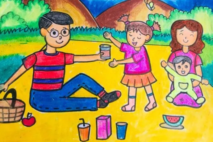 Tranh vẽ gia đình đang đạp xe cùng nhau trong công viên