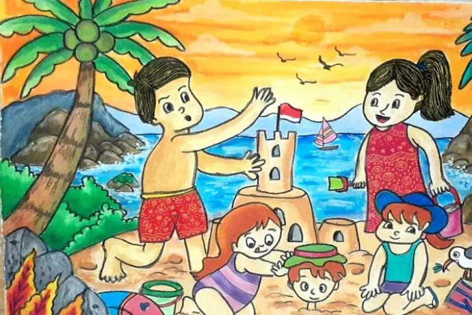 Tranh vẽ gia đình đang cắm trại, dựng lều và nấu ăn ngoài trời