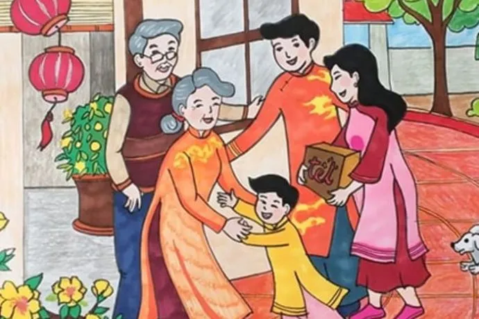 Tranh vẽ gia đình sum họp bên mâm ngũ quả và cây đào ngày Tết