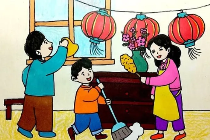 Tranh vẽ gia đình đang quây quần trang trí cây thông Noel