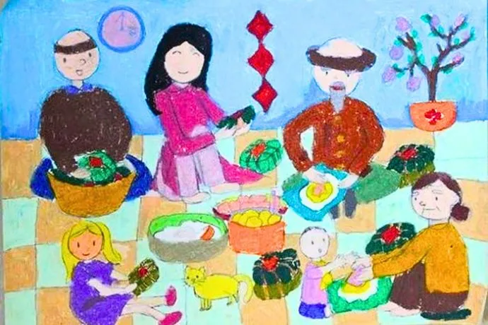 Tranh vẽ gia đình đang cùng nhau xem pháo hoa đêm giao thừa