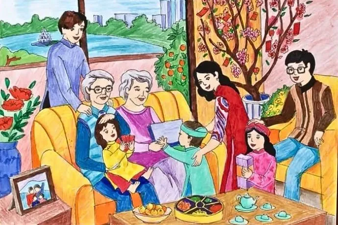 Tranh vẽ gia đình đang rước đèn ông sao đêm Trung thu