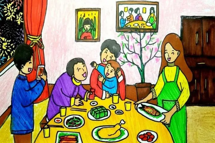 Tranh vẽ gia đình đang đi chợ hoa ngày Tết