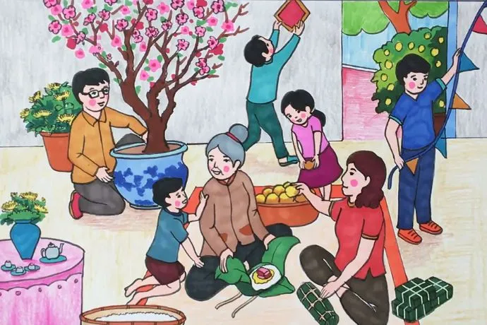 Tranh vẽ cả nhà đang cùng nhau làm bánh chưng