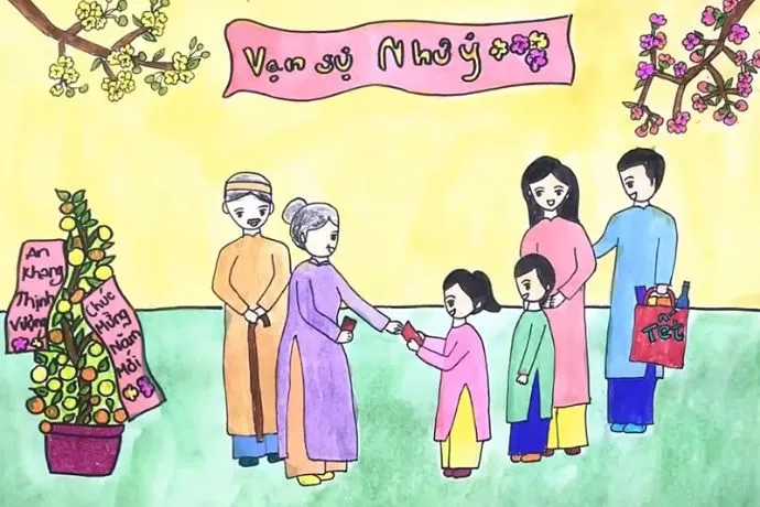 Tranh vẽ gia đình đang ngắm pháo hoa đêm giao thừa