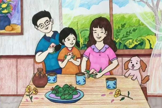 Tranh vẽ gia đình đang quây quần bên mâm cơm ấm cúng
