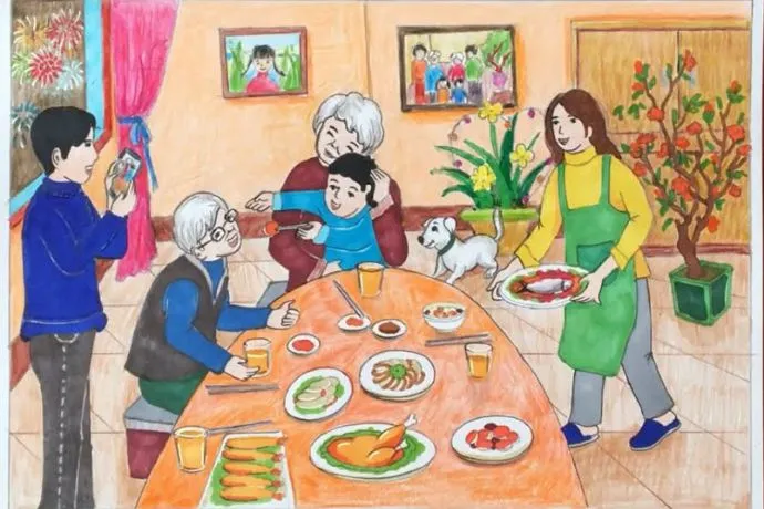 Tranh vẽ cảnh gia đình ăn cơm với không khí vui vẻ, đầm ấm