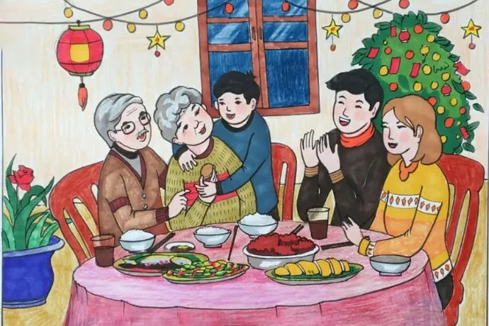 Tranh vẽ gia đình đơn giản ngồi ăn cơm với nét vẽ gần gũi