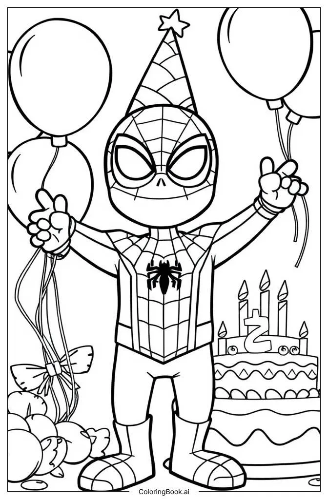 Trang tô màu Bữa tiệc sinh nhật Spider-Man cảnh có bánh kem