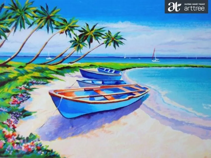 Mẫu tranh phong cảnh biển đơn giản với thuyền và hàng dừa