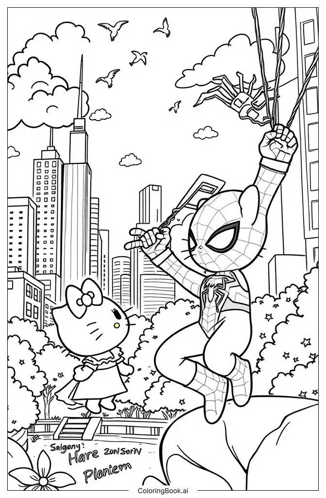 Trang tô màu Hello Kitty Gặp Spider-Man (phiên bản khác)