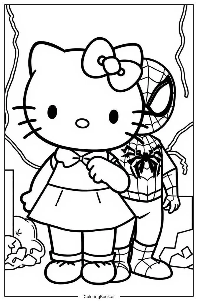 Trang tô màu Hello Kitty Gặp Spider-Man (bản dễ)