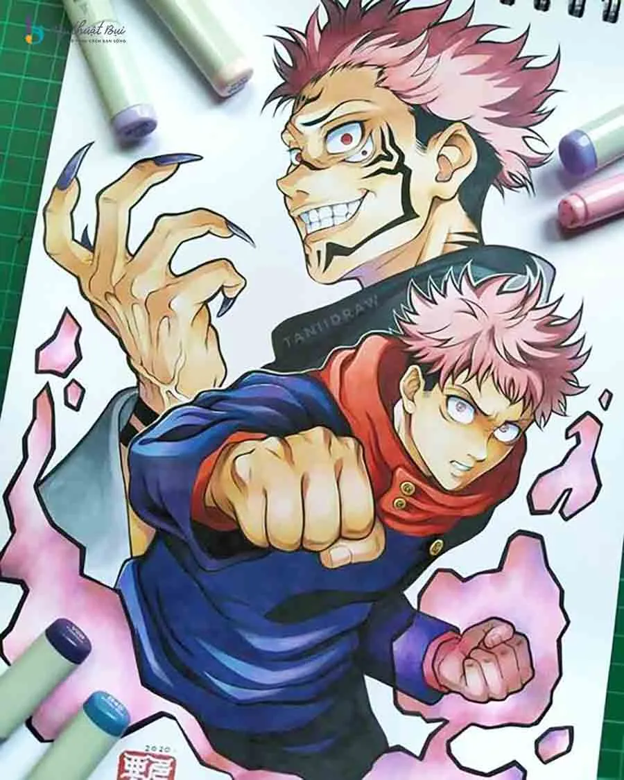 Ảnh vẽ một nhân vật anime nam với nét vẽ mạnh mẽ và phong cách thời trang đặc trưng