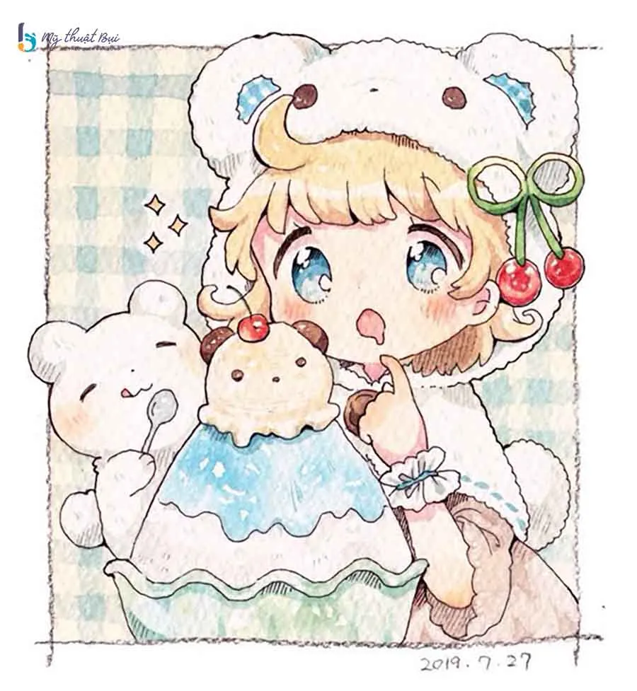 Ảnh vẽ một nhóm nhân vật anime theo phong cách chibi, tạo nên một bức tranh vui nhộn và cute