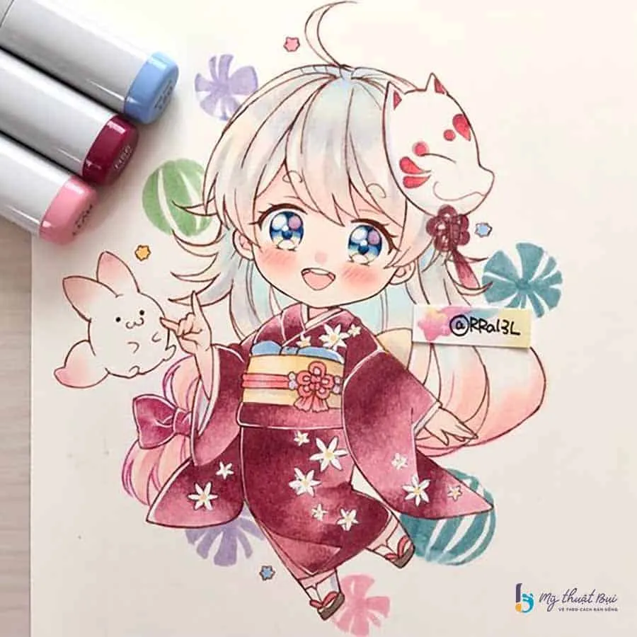 Minh họa nhân vật anime được vẽ dưới dạng chibi, tập trung vào biểu cảm và phụ kiện đáng yêu