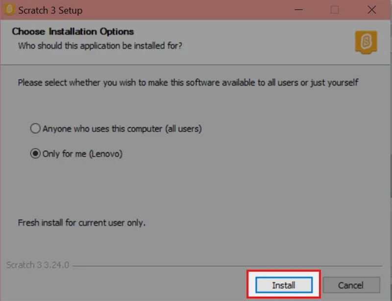 Nhấn Install để bắt đầu cài đặt Scratch Desktop 3.0
