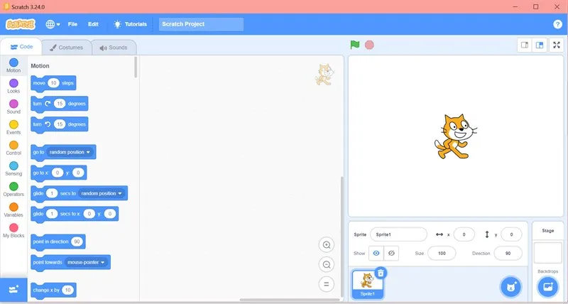 Giao diện làm việc chính của phần mềm lập trình Scratch sau khi cài đặt
