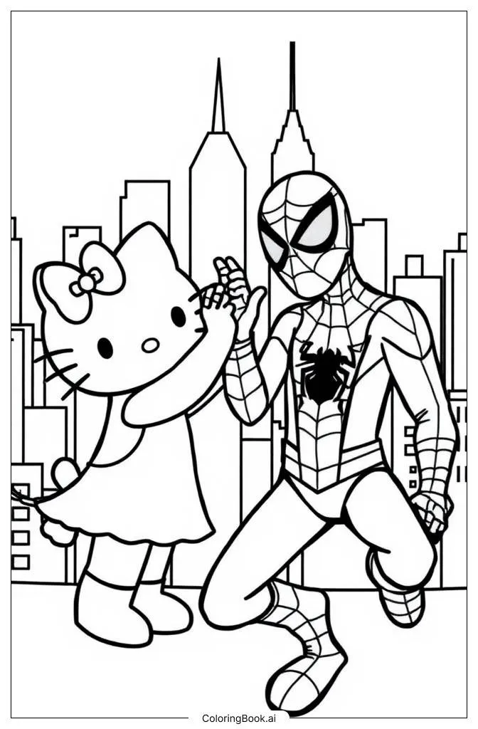 Trang tô màu Hello Kitty Gặp Spider-Man