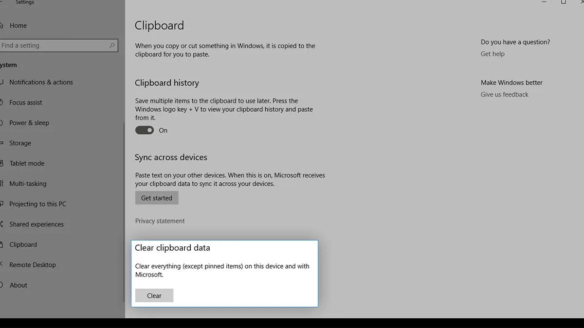 Xóa lịch sử Clipboard trong cài đặt Hệ thống của Windows