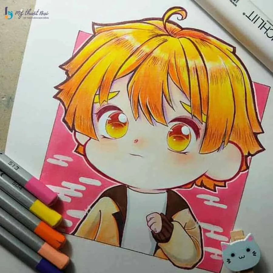 Hình vẽ một nhân vật chibi anime đáng yêu với tỷ lệ đầu lớn và thân hình nhỏ