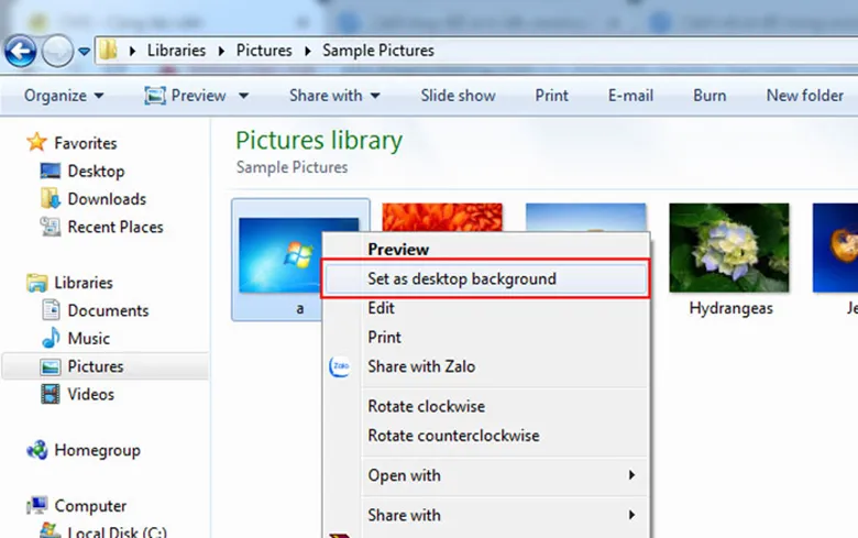 Menu chuột phải trên tệp hình ảnh với tùy chọn &quot;Set as desktop background&quot; trên Windows 10