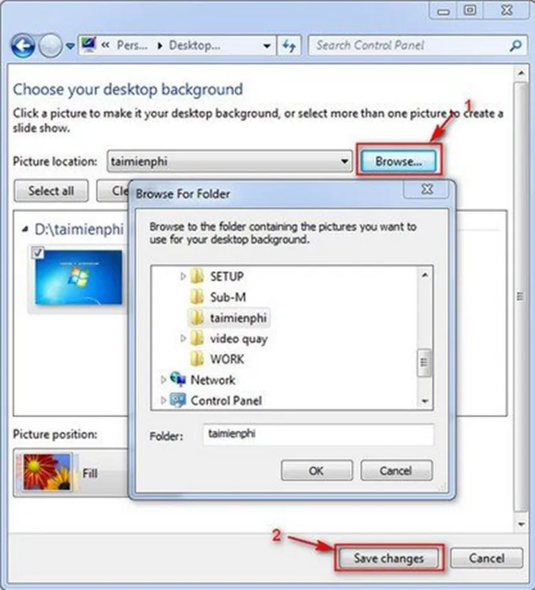 Cửa sổ Desktop Background trên Windows 7 với tùy chọn Browse để chọn thư mục ảnh nền