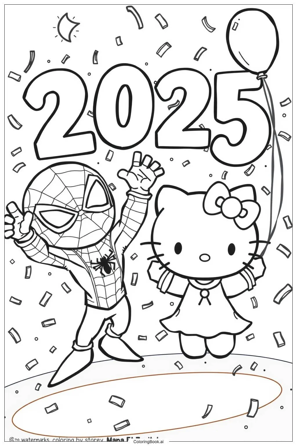 Trang tô màu Người nhện mừng năm 2025 cùng Hello Kitty