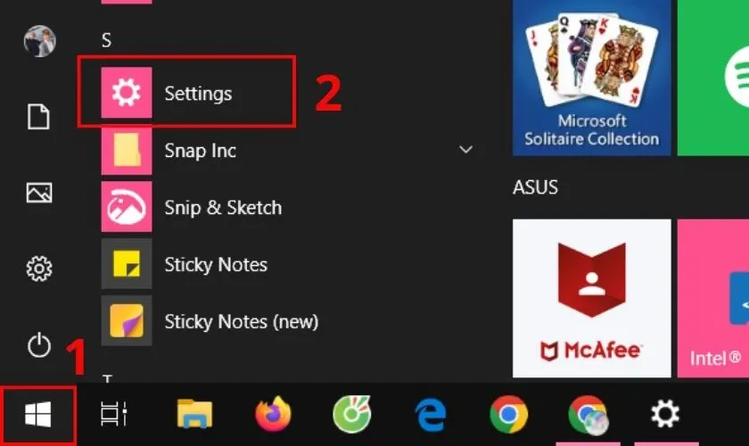 Menu Start và biểu tượng Cài đặt (Settings) trong Windows 10
