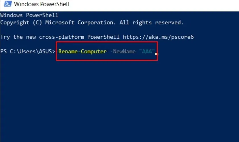 Cửa sổ Windows PowerShell với lệnh Rename-Computer