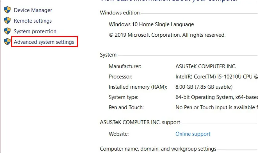 Cửa sổ System với tùy chọn Advanced system settings