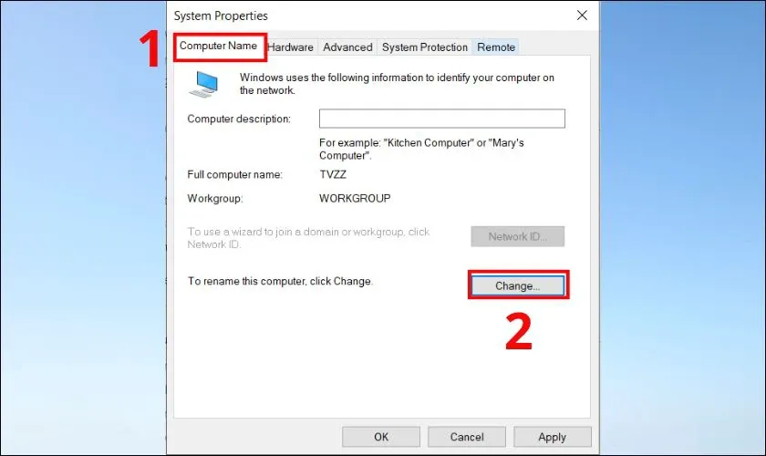 Màn hình System Properties, tab Computer Name và nút Change