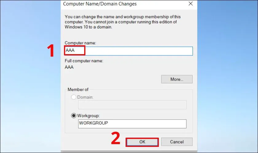 Nhập tên máy tính mới trong Computer Name/Domain Changes