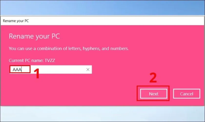 Phần About trong System settings và nút Rename this PC
