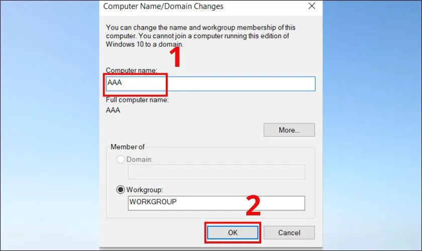 Tab Computer Name trong System Properties và nút Change
