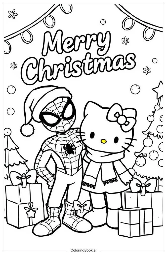 Trang tô màu Người Nhện và Hello Kitty cùng đón Giáng sinh