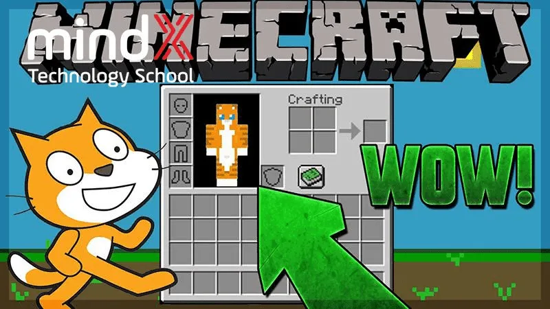 Giao diện Scratch thể hiện dự án lập trình game Minecraft với các khối block và nhân vật
