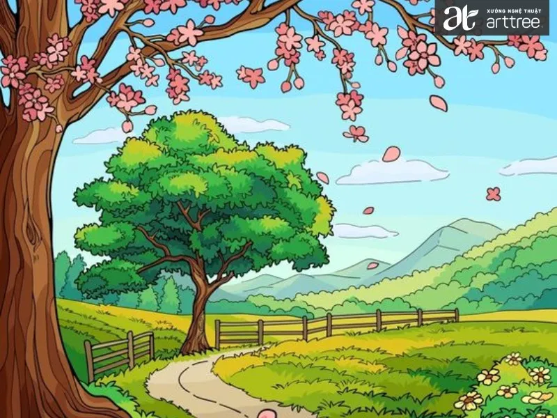 Mẫu vẽ tranh phong cảnh núi rừng đơn giản
