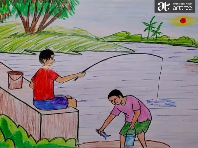 Ý tưởng vẽ tranh cảnh câu cá đơn giản bên hồ nước
