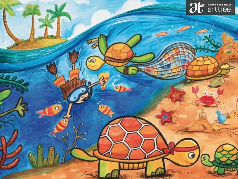 Ý tưởng vẽ tranh đàn cá đơn giản dưới nước