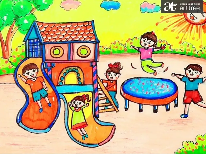 Vẽ tranh công viên đơn giản với cây cối và hoạt động con người
