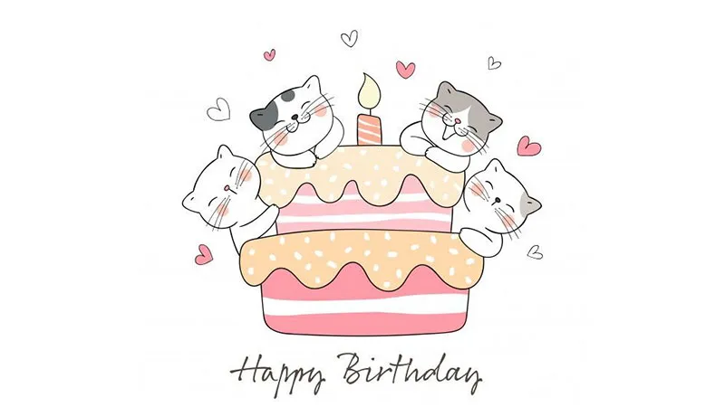 Hình vẽ bánh sinh nhật với mèo cute