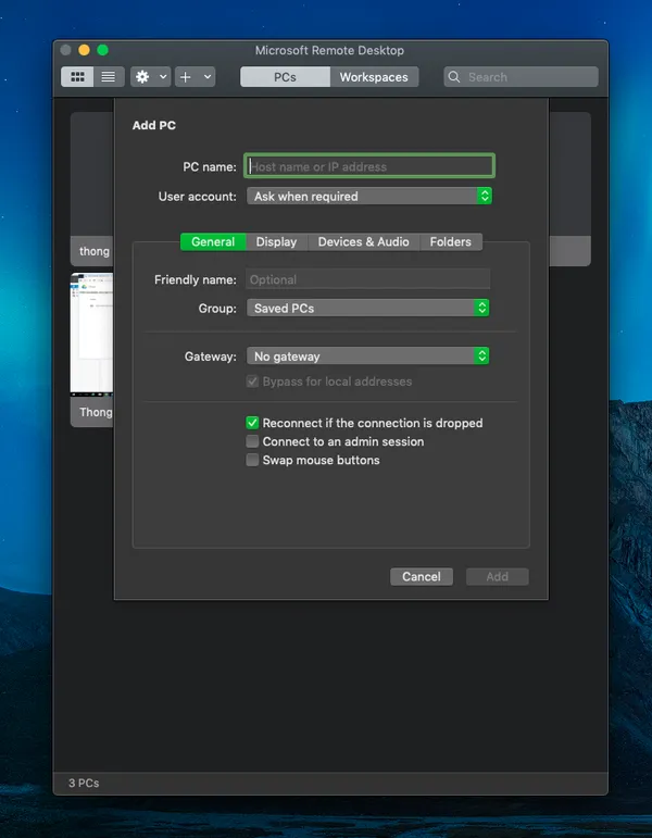 Giao diện Microsoft Remote Desktop trên macOS