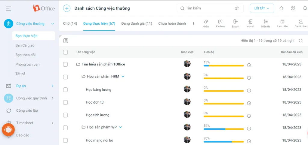 Màn hình giao diện phần mềm quản lý công việc
