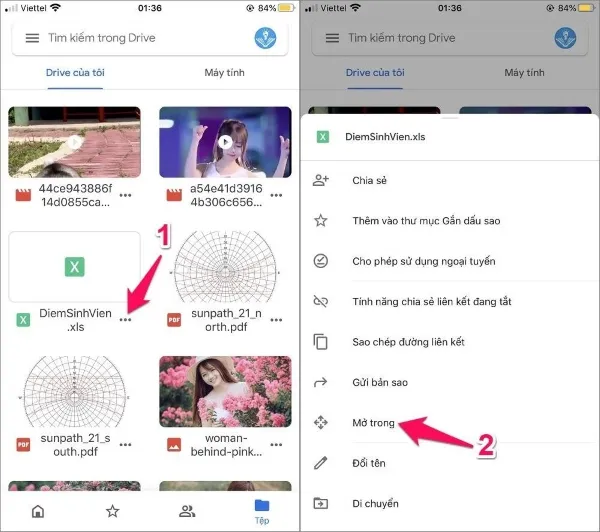 Menu tùy chọn file trong ứng dụng Google Drive trên iPhone