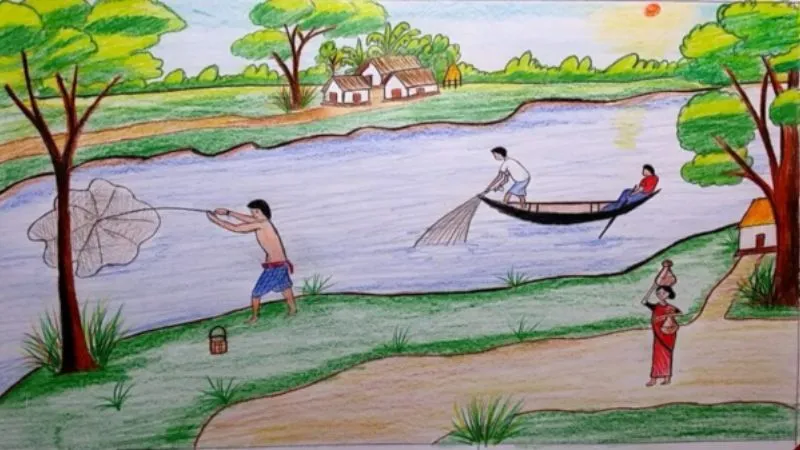Ý tưởng tranh vẽ cảnh đánh cá trên sông trong lành, thể hiện sự hài hòa giữa con người và thiên nhiên.