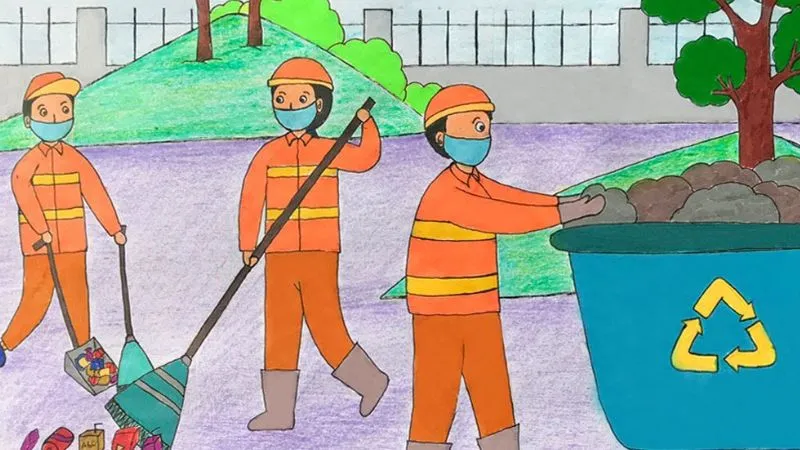 Bức tranh tri ân công việc của cô chú lao công, những người thầm lặng góp phần giữ cho môi trường sạch đẹp hàng ngày.