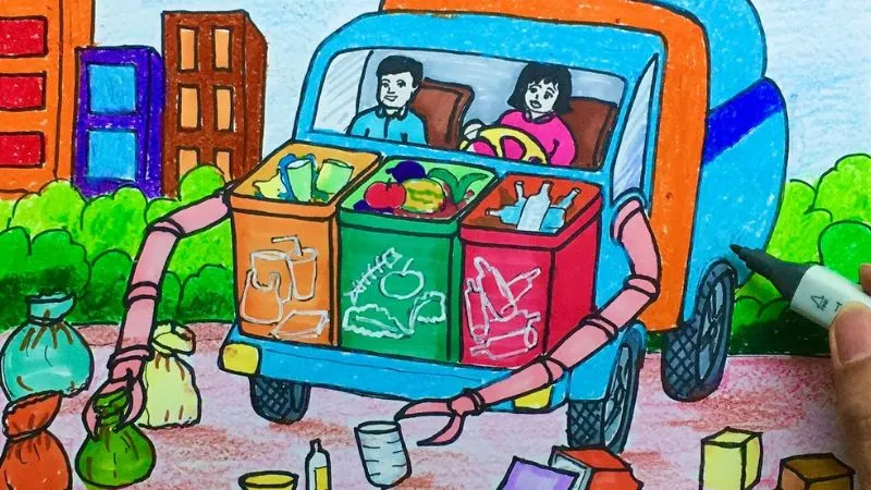 Hình ảnh bức tranh hướng dẫn phân loại rác, một hoạt động đơn giản nhưng có ý nghĩa lớn trong việc bảo vệ môi trường.